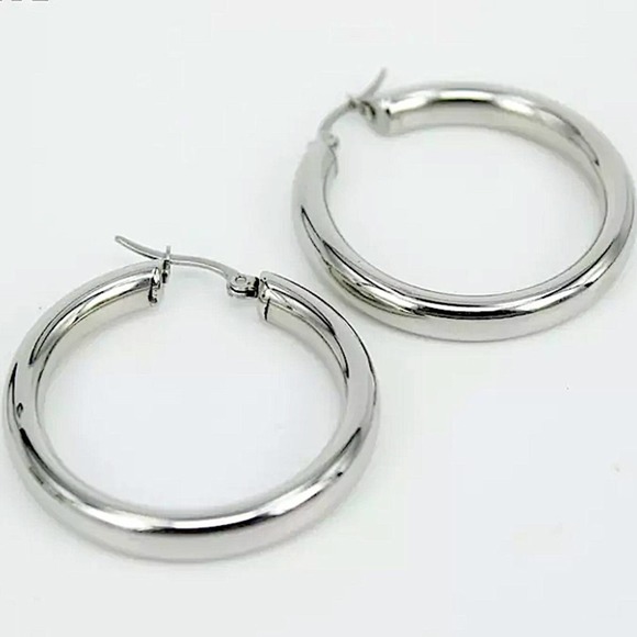 Silver 30mm Stainless Steel Tube Hoop Earrings - Picture 4 of 5